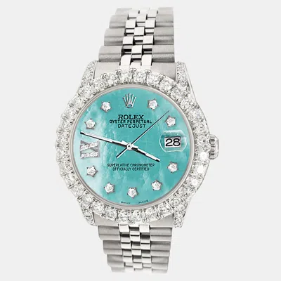 Pre-owned Rolex Custom Aquamarine Mop 2.95ct Diamond Stainless Steel Datejust Automatic Women's Wristwatch 31 Mm In Blue