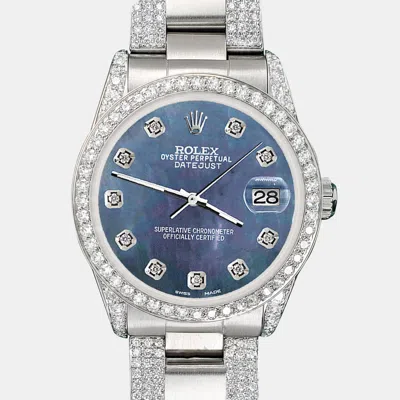 Pre-owned Rolex Custom Black 3.5ct Diamond Stainless Steel Datejust Automatic Women's Wristwatch 31 Mm In Blue