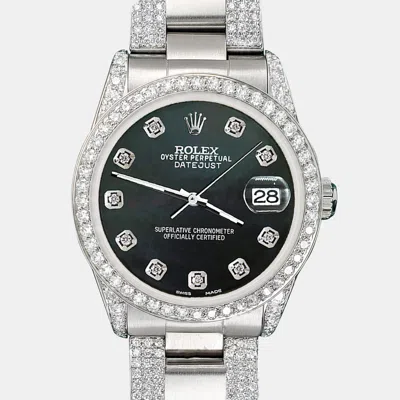 Pre-owned Rolex Custom Black Mop 3.5ct Diamond Stainless Steel Datejust Automatic Women's Wristwatch 31 Mm