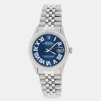Pre-owned Rolex Custom Blue Diamond Stainless Steel Datejust Automatic Men's Wristwatch 36mm