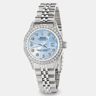 Pre-owned Rolex Custom Blue Flower Diamond Stainless Steel Datejust Automatic Women's Wristwatch 26mm