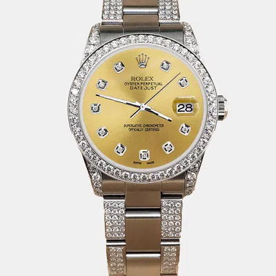 Pre-owned Rolex Custom Champagne 3.5ct Diamond Stainless Steel Datejust Automatic Women's Wristwatch 31 Mm In Gold
