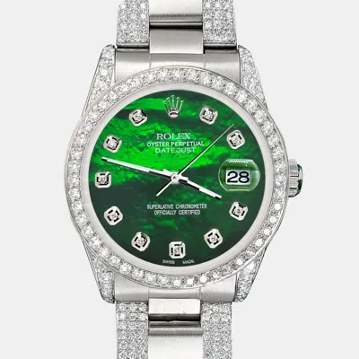 Pre-owned Rolex Custom Emerald Green Mop 3.5ct Diamond Stainless Steel Datejust Automatic Women's Wristwatch 31 Mm