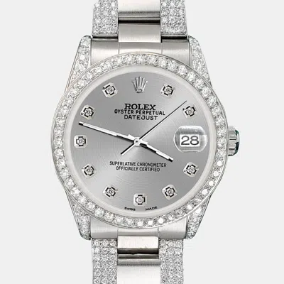 Pre-owned Rolex Custom Grey 3.5ct Diamond Stainless Steel Datejust Automatic Women's Wristwatch 31 Mm