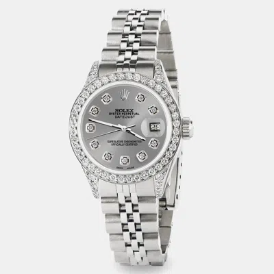 Pre-owned Rolex Custom Grey Diamond Stainless Steel Datejust Automatic Women's Wristwatch 26mm