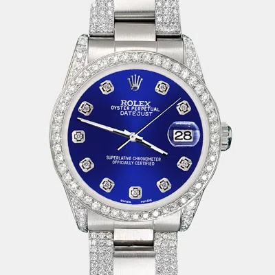 Pre-owned Rolex Custom Navy Blue Mop 3.5ct Diamond Stainless Steel Datejust Automatic Women's Wristwatch 31 Mm