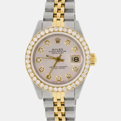 Pre-owned Rolex Custom Pink Diamond 18k Yellow Gold Stainless Steel Datejust Automatic Women's Wristwatch 26mm