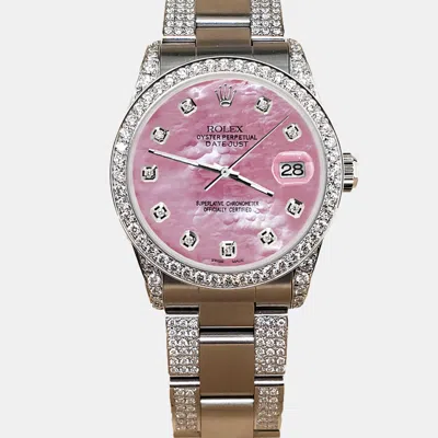 Pre-owned Rolex Custom Pink Mop 3.5ct Diamond Stainless Steel Datejust Automatic Women's Wristwatch 31 Mm