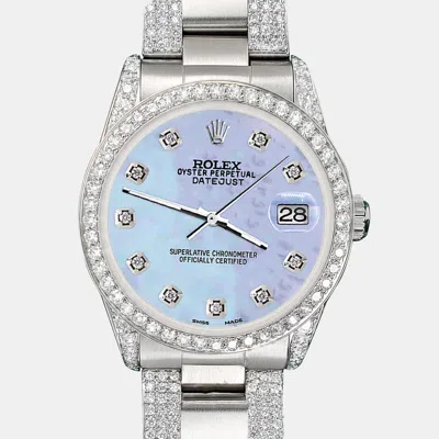 Pre-owned Rolex Custom Purple Mop 3.5ct Diamond Stainless Steel Datejust Automatic Women's Wristwatch 31 Mm In Blue
