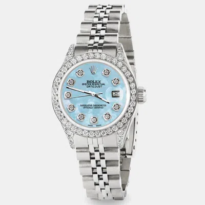 Pre-owned Rolex Custom Sky Blue Mop Diamond Stainless Steel Datejust Automatic Women's Wristwatch 26mm