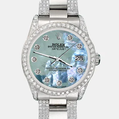 Pre-owned Rolex Custom Tahitian Blue Mop 3.5ct Diamond Stainless Steel Datejust Automatic Women's Wristwatch 31 Mm