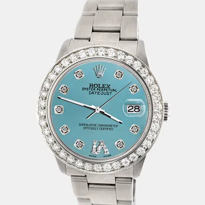 Pre-owned Rolex Custom Turquoise 1.62ct Diamond Stainless Steel Datejust Automatic Women's Wristwatch 31 Mm In Blue