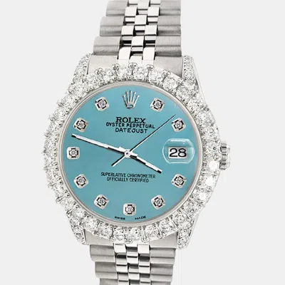 Pre-owned Rolex Custom Turquoise 2.95ct Diamond Stainless Steel Datejust Automatic Women's Wristwatch 31 Mm In Blue