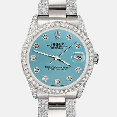 Pre-owned Rolex Custom Turquoise 3.5ct Diamond Stainless Steel Datejust Automatic Women's Wristwatch 31 Mm In Blue