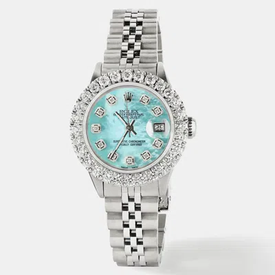 Pre-owned Rolex Customised Aquamarine Mop 2ct Diamond Stainless Steel Datejust Automatic Women's Wristwatch 26mm