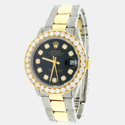 Pre-owned Rolex Customised Black Diamond 18k Yellow Gold Stainless Steel Datejust 6824 Automatic Women's Wristwatch 