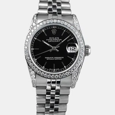 Pre-owned Rolex Customised Black Diamond Stainless Steel Datejust 68274 Automatic Women's Wristwatch 31 Mm