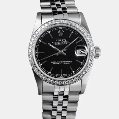 Pre-owned Rolex Customised Black Diamond Stainless Steel Datejust 68274 Automatic Women's Wristwatch 31mm