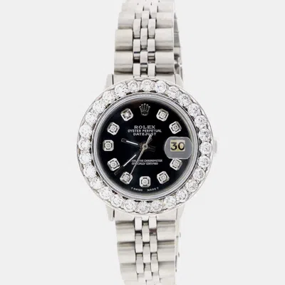 Pre-owned Rolex Customised Black Diamond Stainless Steel Datejust Automatic Women's Wristwatch 26mm