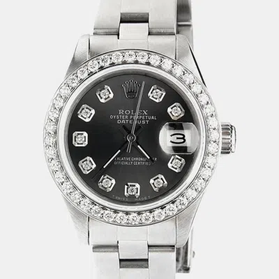 Pre-owned Rolex Customised Black Diamond Stainless Steel Datejust Automatic Women's Wristwatch 26mm