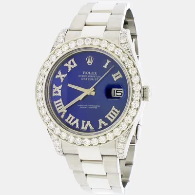 Pre-owned Rolex Customised Blue 5.1ct Diamond Stainless Steel Datejust Ii 116300 Automatic Men's Wristwatch 41mm