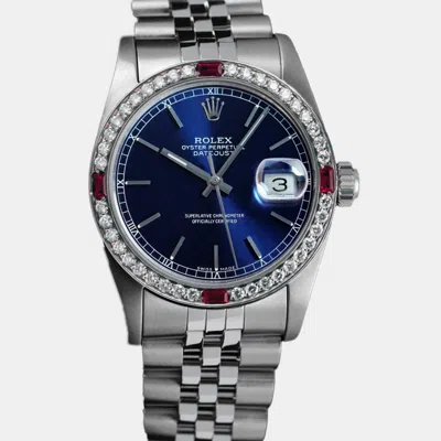 Pre-owned Rolex Customised Blue Diamond Stainless Steel Datejust 68274 Automatic Women's Wristwatch 31mm