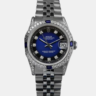 Pre-owned Rolex Customised Blue Diamond Stainless Steel Datejust 68274 Automatic Women's Wristwatch 31mm