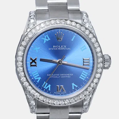 Pre-owned Rolex Customised Blue Diamond Stainless Steel Oyster Perpetual 177200 Automatic Women's Wristwatch 31 Mm