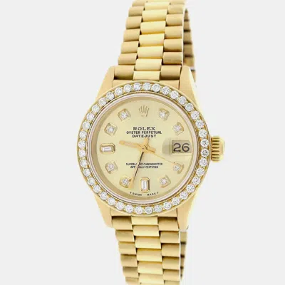Pre-owned Rolex Customised Champagne Diamond 18k Yellow Gold President Datejust Automatic Women's Wristwatch 26mm