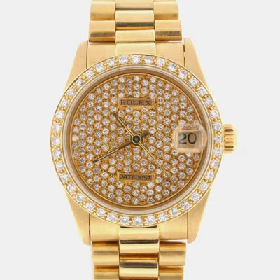 Pre-owned Rolex Customised Diamond 18k Yellow Gold President Datejust Automatic Women's Wristwatch 31mm