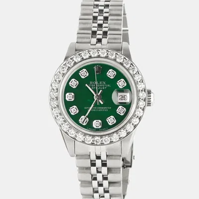 Pre-owned Rolex Customised Forest Green Mop 1.3ct Diamond Stainless Steel Datejust Automatic Women's Wristwatch 26mm