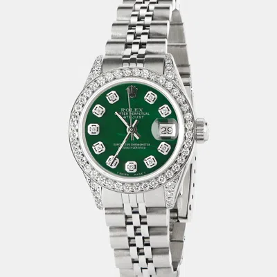 Pre-owned Rolex Customised Forest Green Mop Diamond Stainless Steel Datejust Automatic Women's Wristwatch 26mm