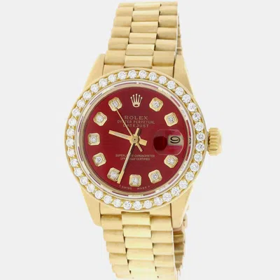 Pre-owned Rolex Customised Imperial Red Diamond 18k Yellow Gold President Datejust Automatic Women's Wristwatch 26mm