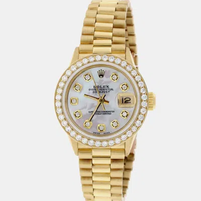 Pre-owned Rolex Customised Mop Diamond 18k Yellow Gold President Datejust Automatic Women's Wristwatch 26mm