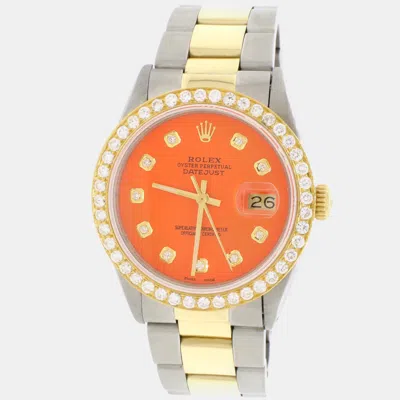 Pre-owned Rolex Customised Orange Diamond 18k Yellow Gold Stainless Steel Datejust Automatic Men's Wristwatch 36mm