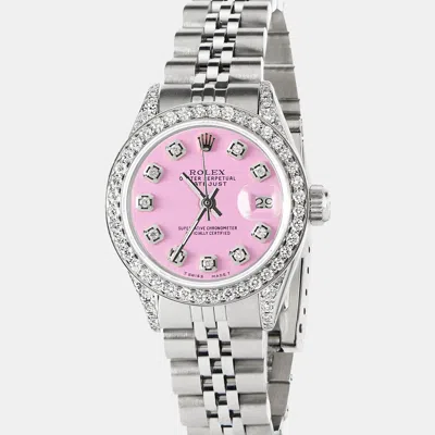 Pre-owned Rolex Customised Pink Diamond Stainless Steel Datejust Automatic Women's Wristwatch 26mm