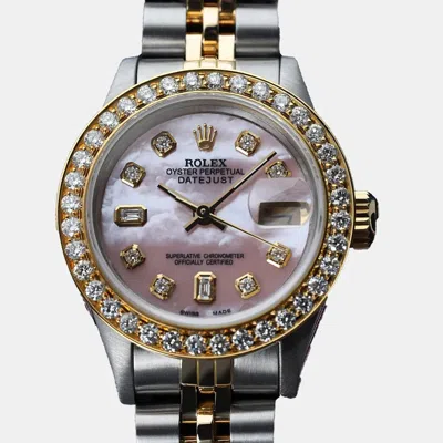 Pre-owned Rolex Customised Pink Mop Diamond 18k Yellow Gold Stainless Steel Datejust 69173 Automatic Women's Wristwa