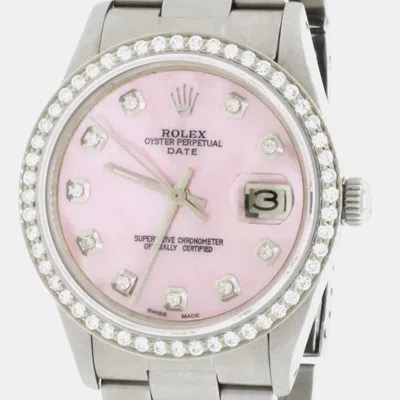 Pre-owned Rolex Customised Pink Mop Diamond Stainless Steel Oyster Perpetual Date Automatic Men's Wristwatch 34mm