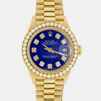Pre-owned Rolex Customised Royal Blue Diamond 18k Yellow Gold President Datejust Automatic Women's Wristwatch 26mm