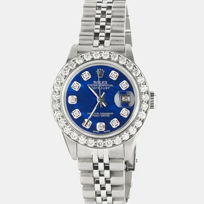 Pre-owned Rolex Customised Royal Blue Mop 1.3ct Diamond Stainless Steel Datejust Automatic Women's Wristwatch 26mm