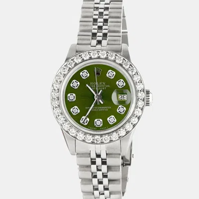 Pre-owned Rolex Customised Royal Green 1.3ct Diamond Stainless Steel Datejust Automatic Women's Wristwatch 26mm