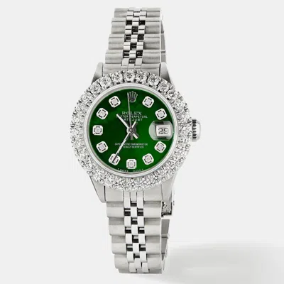 Pre-owned Rolex Customised Royal Green Mop 2ct Diamond Stainless Steel Datejust Automatic Women's Wristwatch 26mm