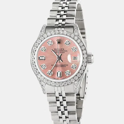 Pre-owned Rolex Customised Salmon Diamond Stainless Steel Datejust Automatic Women's Wristwatch 26mm