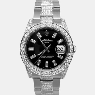 Pre-owned Rolex Date 34mm 7.4ct Diamond Bezel Case Bracelet Black Diamond Baguette Dial Steel Wristwatch