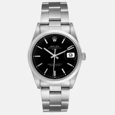 Pre-owned Rolex Date Black Dial Smooth Bezel Steel Men's Watch 34 Mm