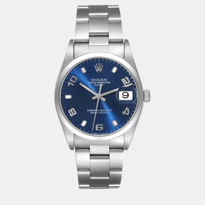 Pre-owned Rolex Date Blue Dial Oyster Bracelet Steel Men's Watch 34 Mm
