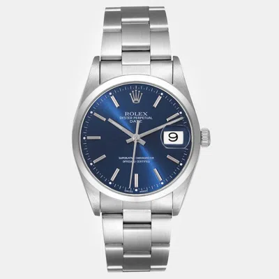 Pre-owned Rolex Date Blue Dial Smooth Bezel Steel Men's Watch 34 Mm