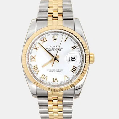 Pre-owned Rolex Datejust 116233 Automatic White Roman Dial 18k Yellow Gold Stainles Steel Men's Wristwatch 36 Mm