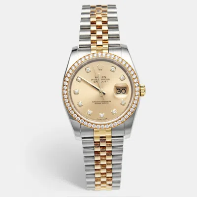 Pre-owned Rolex Datejust 116243 Champagne Dial Diamond 18k Yellow Gold Stainless Steel Women's Wristwatch 36 Mm