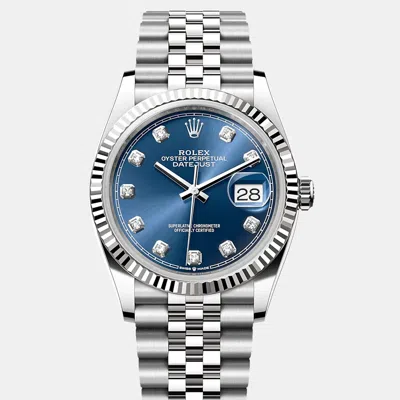 Pre-owned Rolex Datejust 126234-0037 Automatic Blue Diamond Stainless Steel Women's Wristwatch 36 Mm